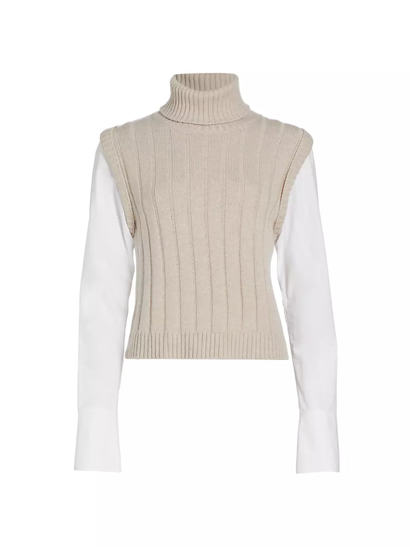 Paola Mixed Media Turtleneck Sweater in Taupe-White