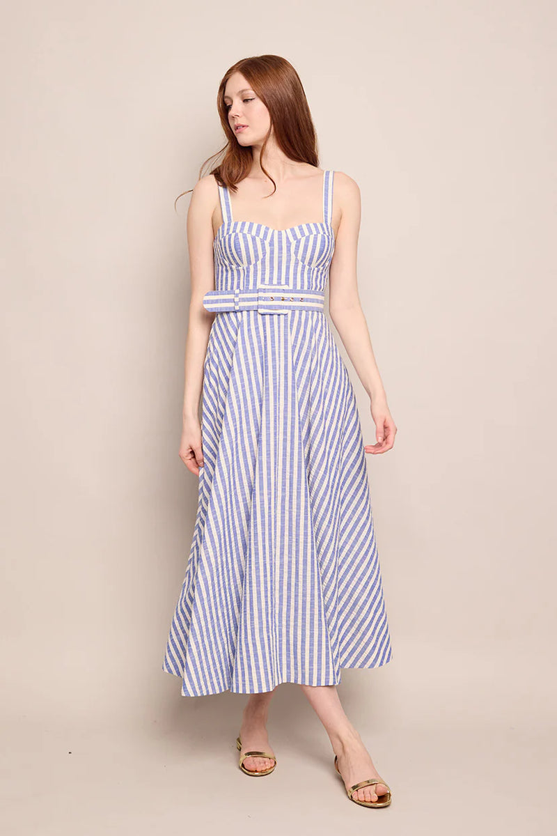 Calypso Dress in Ivory Blue Striped Seersucker