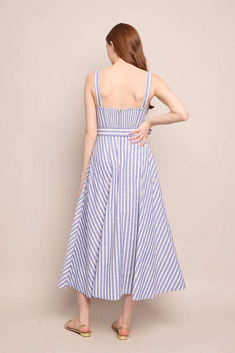 Calypso Dress in Ivory Blue Striped Seersucker Nines Apparel Calypso Dress in Ivory Blue Striped Seersucker Nines Apparel