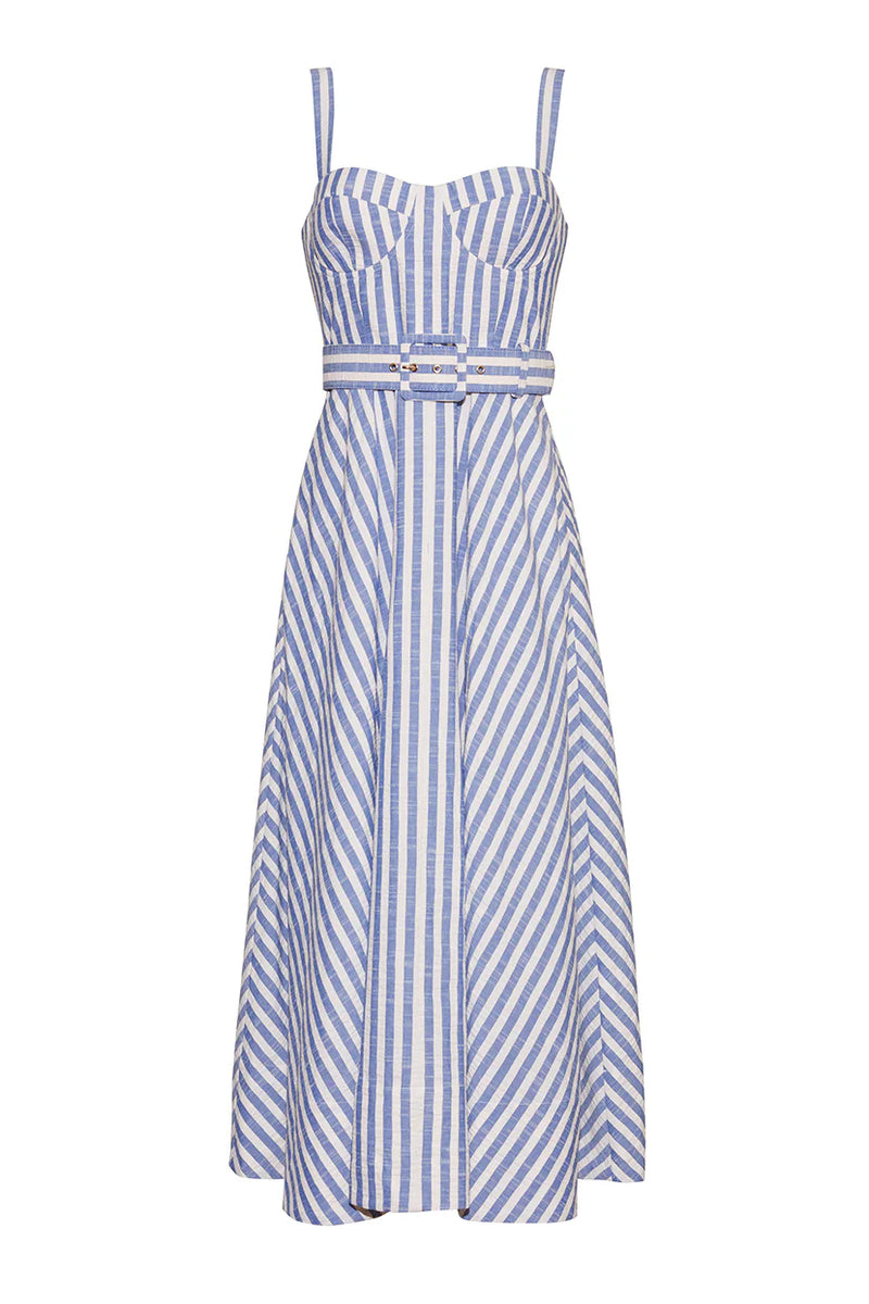 Calypso Dress in Ivory Blue Striped Seersucker