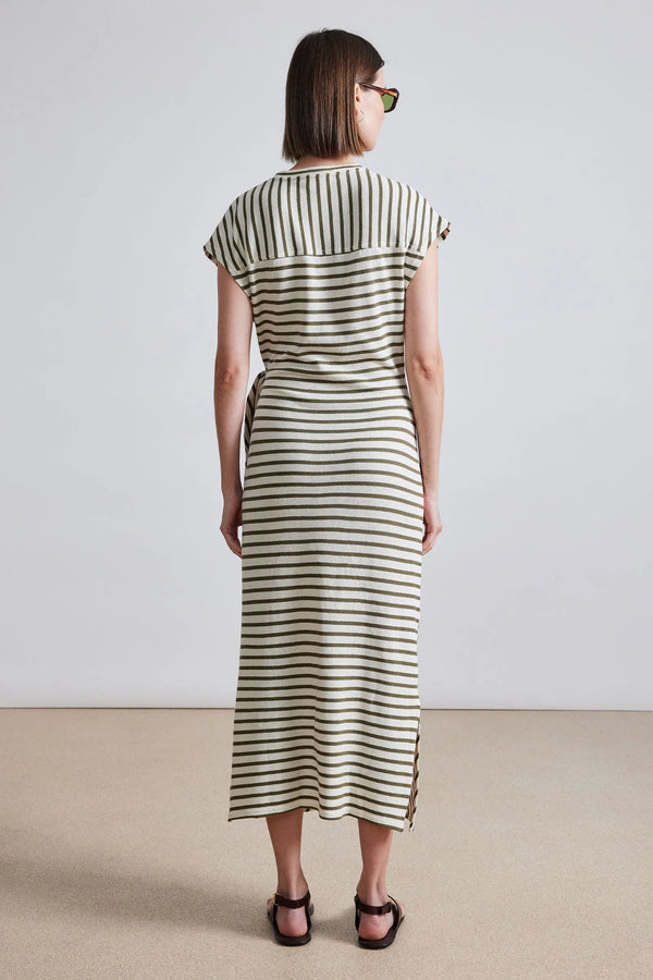 Vanina Cinched Waist Dress in Cream and Olive Stripe