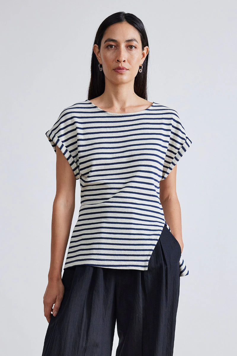 Asymmetric Tunic Tee in Navy Cream Stripe