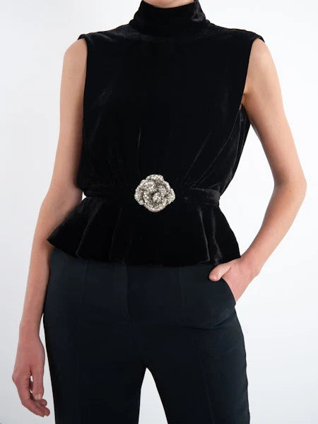 Fleur Velvet Top in Black/Crystal Rose