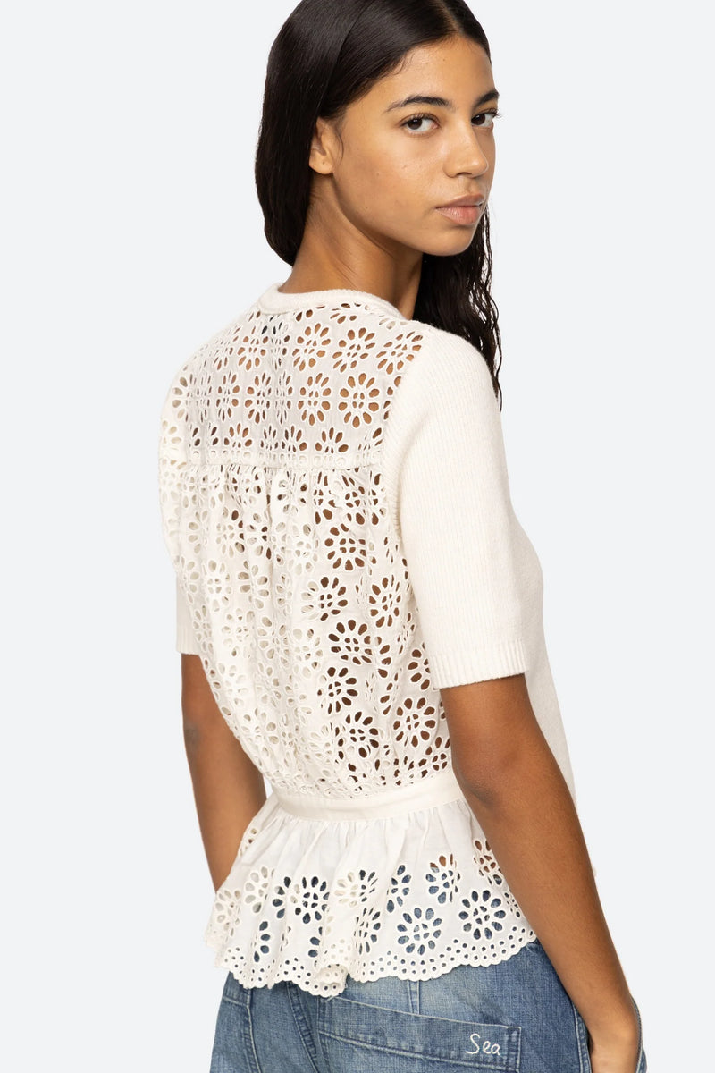 Lennon Embroidery S/Slv Combo Top in Cream