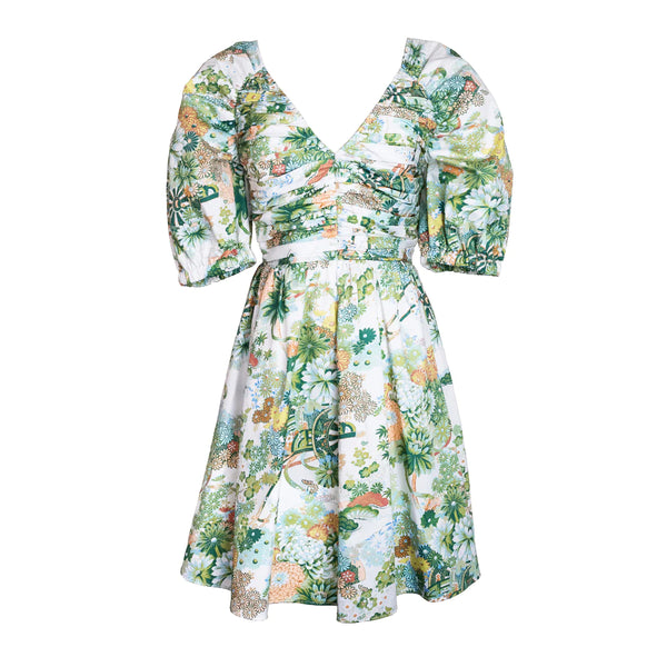 Ruched V-Neck Dress in Spring Chinoiserie