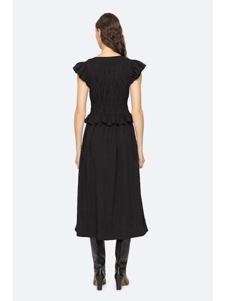 Regina Seersucker Flutter Dress in Black