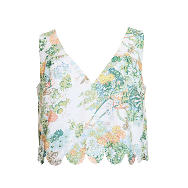 V-Neck Scallop Detail Tank in Spring Chinoiserie
