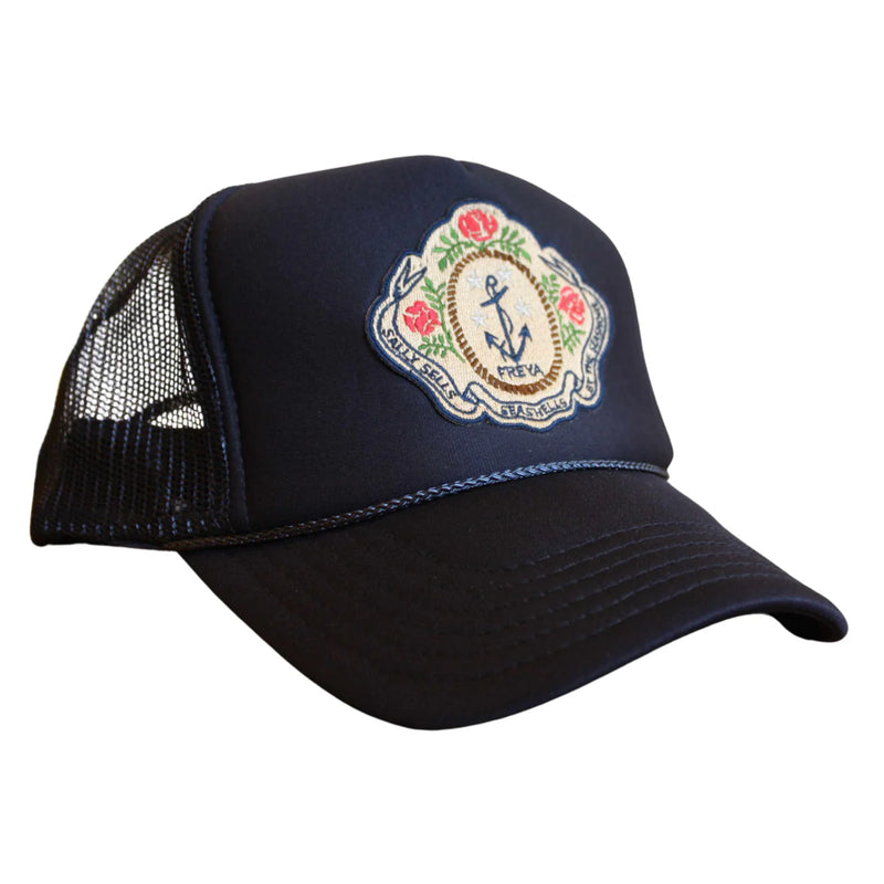 Trucker Hat in Sally Sells Seashells Navy