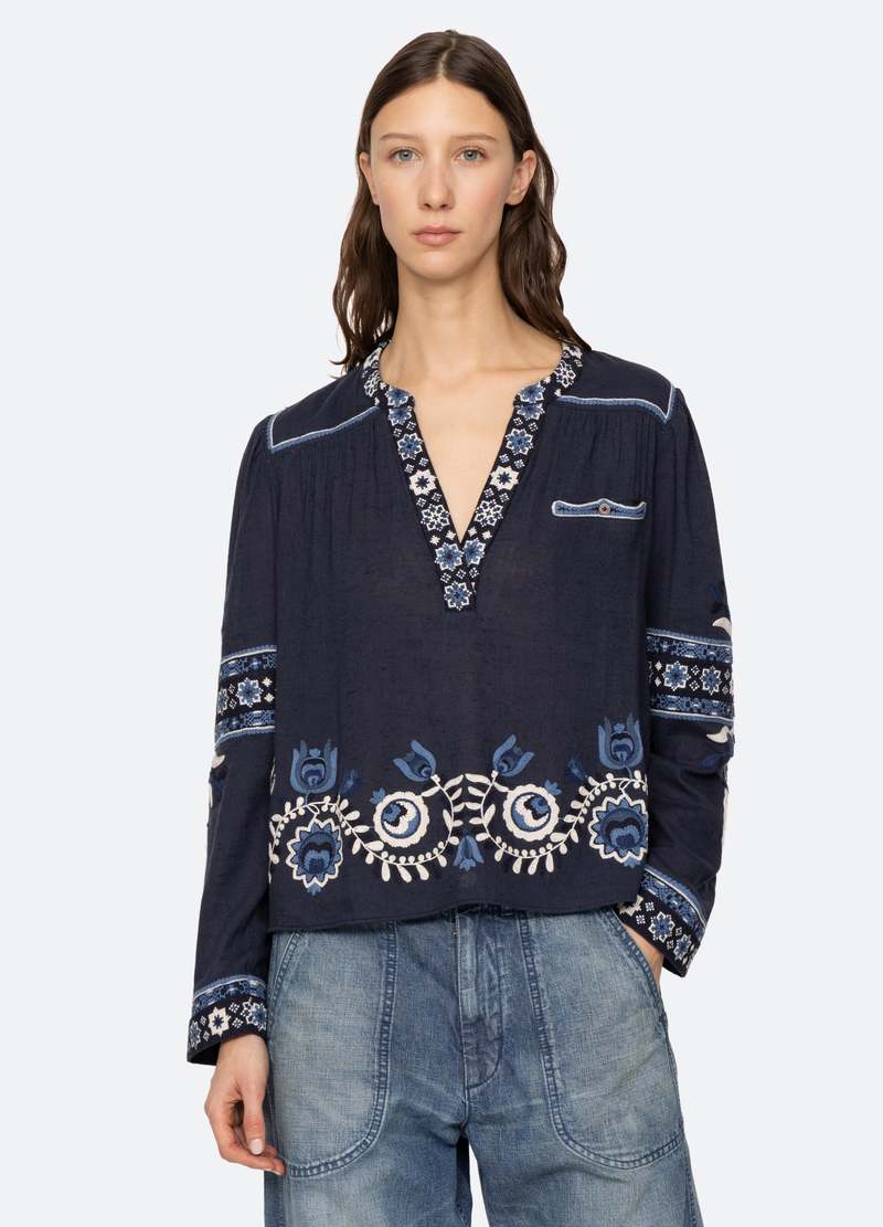 Inga Embroidery Top in Navy