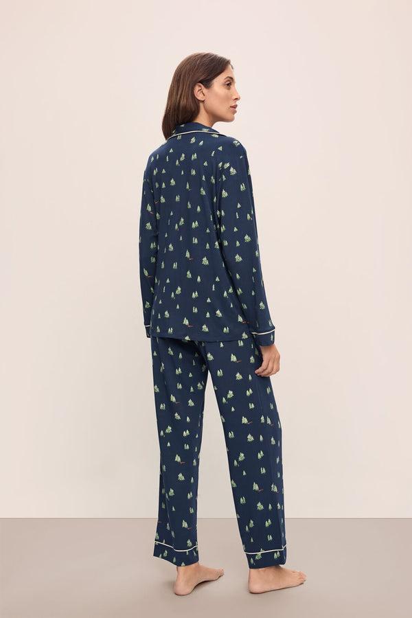 Gisele Printed Long PJ Set in Woodland Pine Navy/Ivory