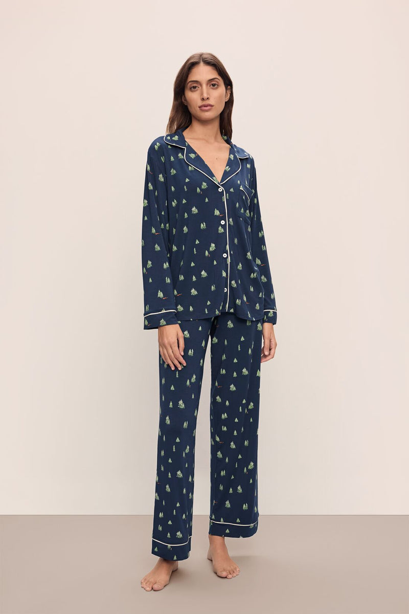 Gisele Printed Long PJ Set in Woodland Pine Navy/Ivory