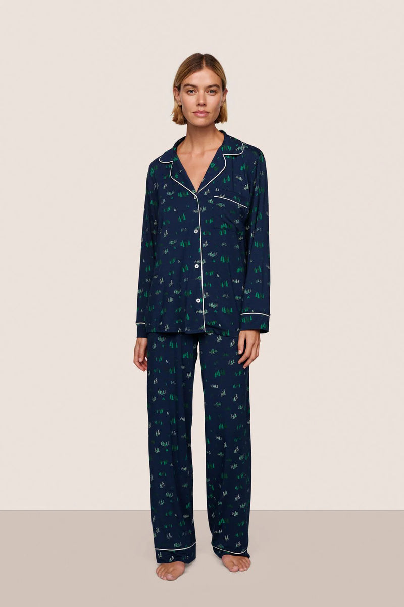 Gisele Printed Long PJ Set in Forest Pine Navy/Ivory