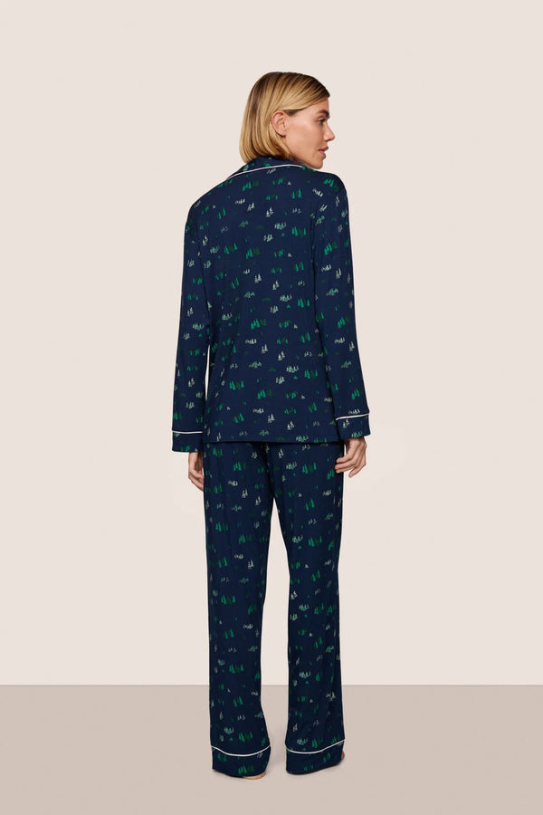 Gisele Printed Long PJ Set in Forest Pine Navy/Ivory