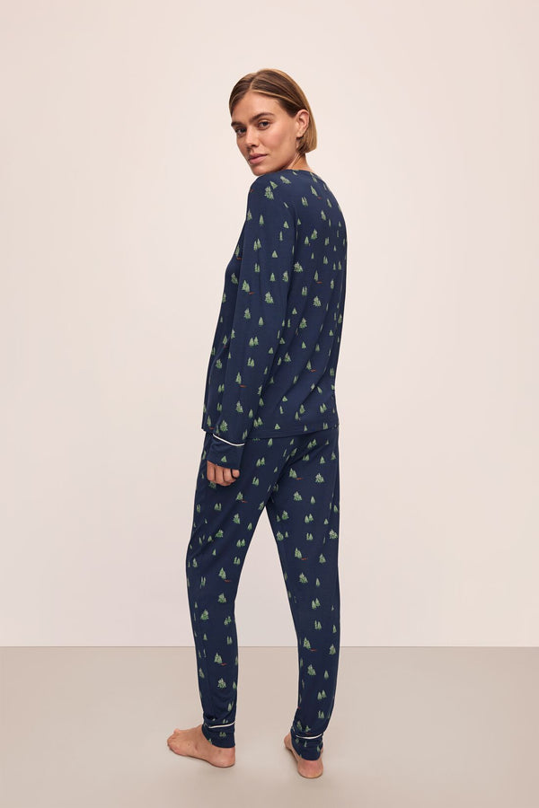 Gisele Printed Crew PJ Set in Woodland Pine Navy/Ivory