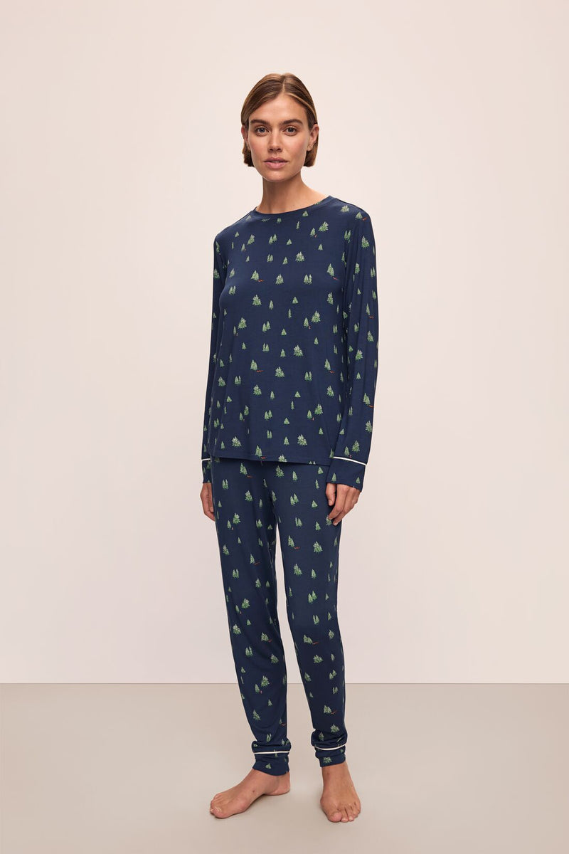 Gisele Printed Crew PJ Set in Woodland Pine Navy/Ivory