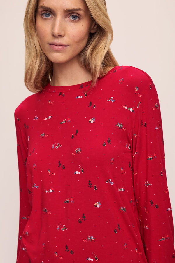 Gisele Printed Crew PJ Set in Winter Wonderland Haute Red/Ivory