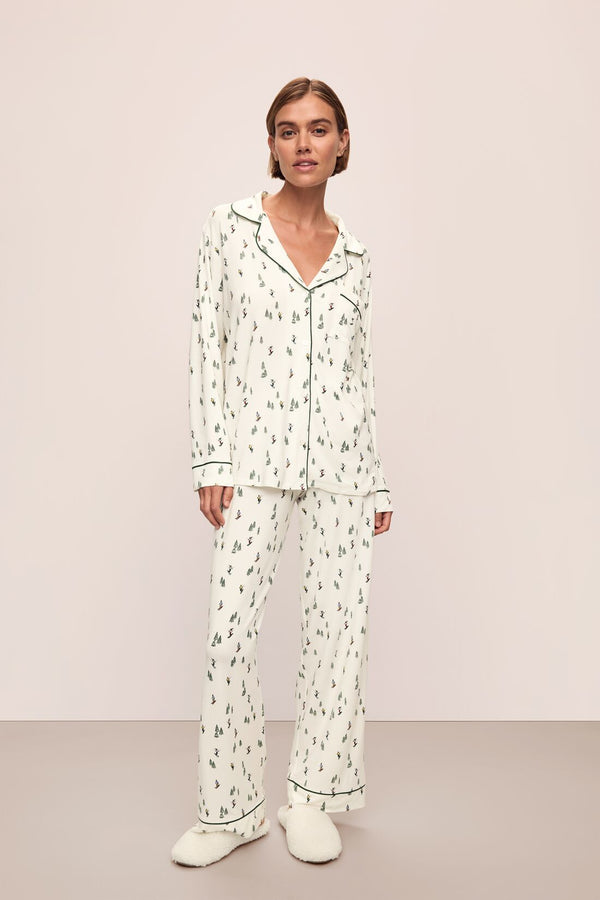 Gisele Printed Long PJ Set in Alpine Skier Ivory/Forrest Green