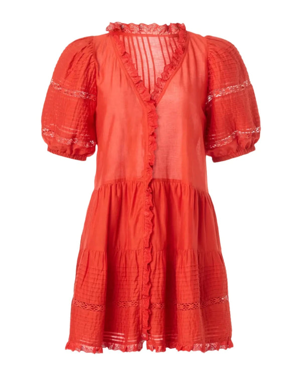 Antonina Solid Cotton Puff Sleve Dress in Red