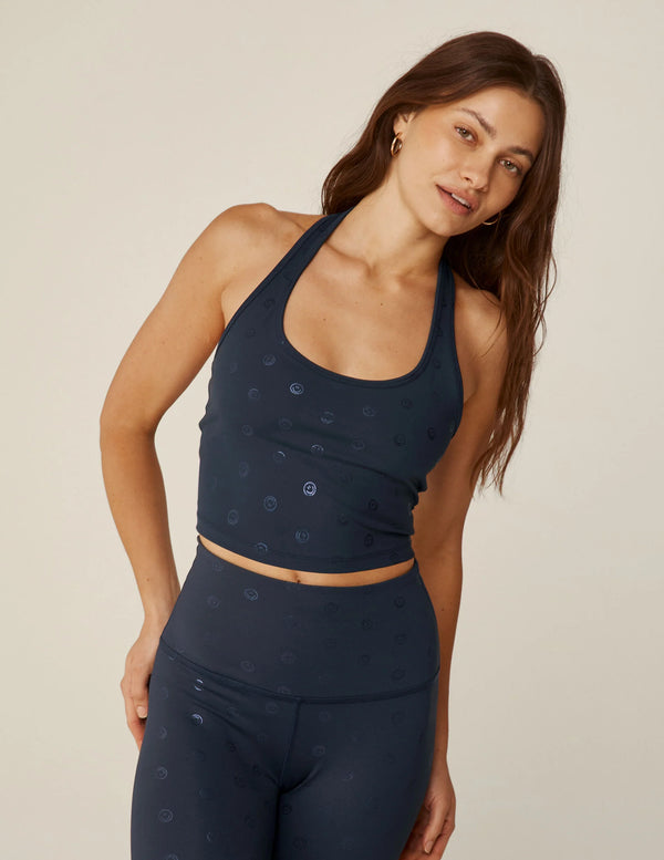 Well Rounded Cropped Halter Tank in Navy Happy Face