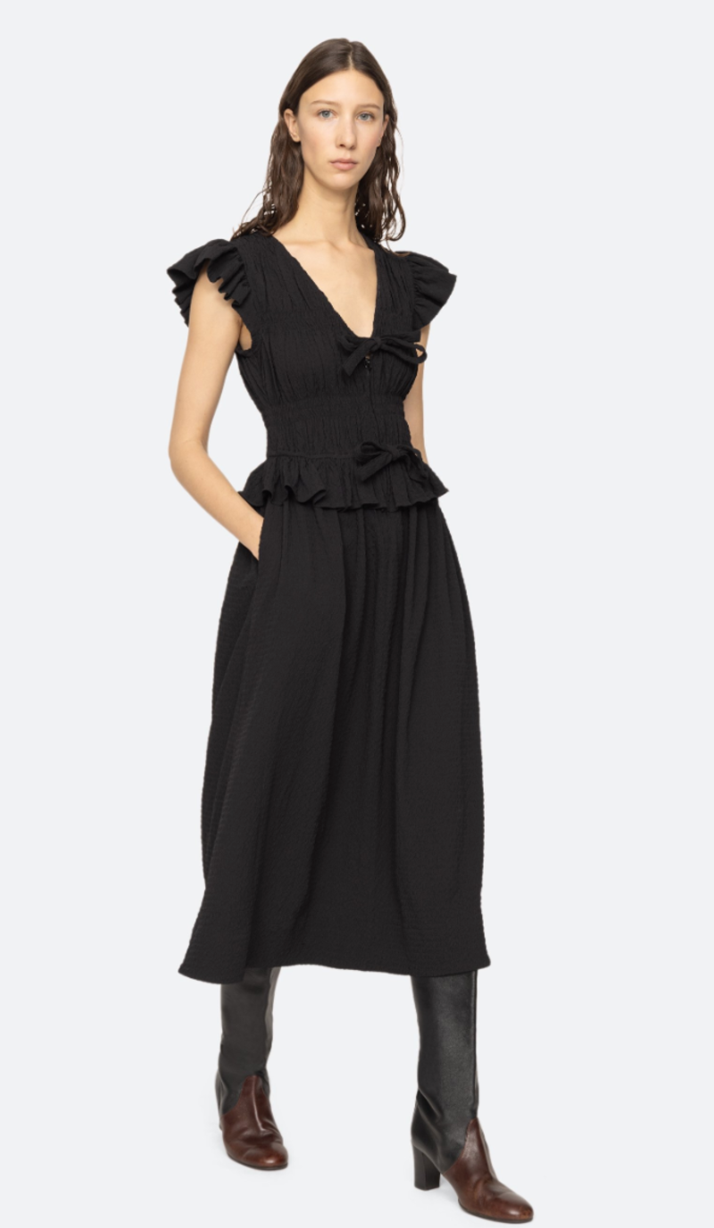 Regina Seersucker Flutter Dress in Black