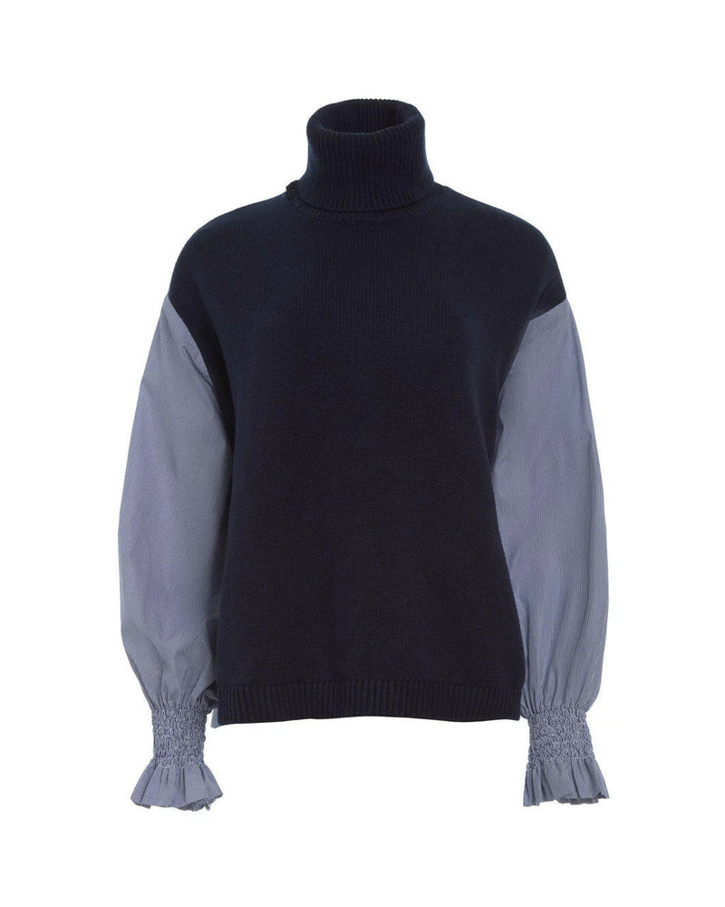 Divan Mixed Media Knit Turtleneck Combo Sweater in Navy