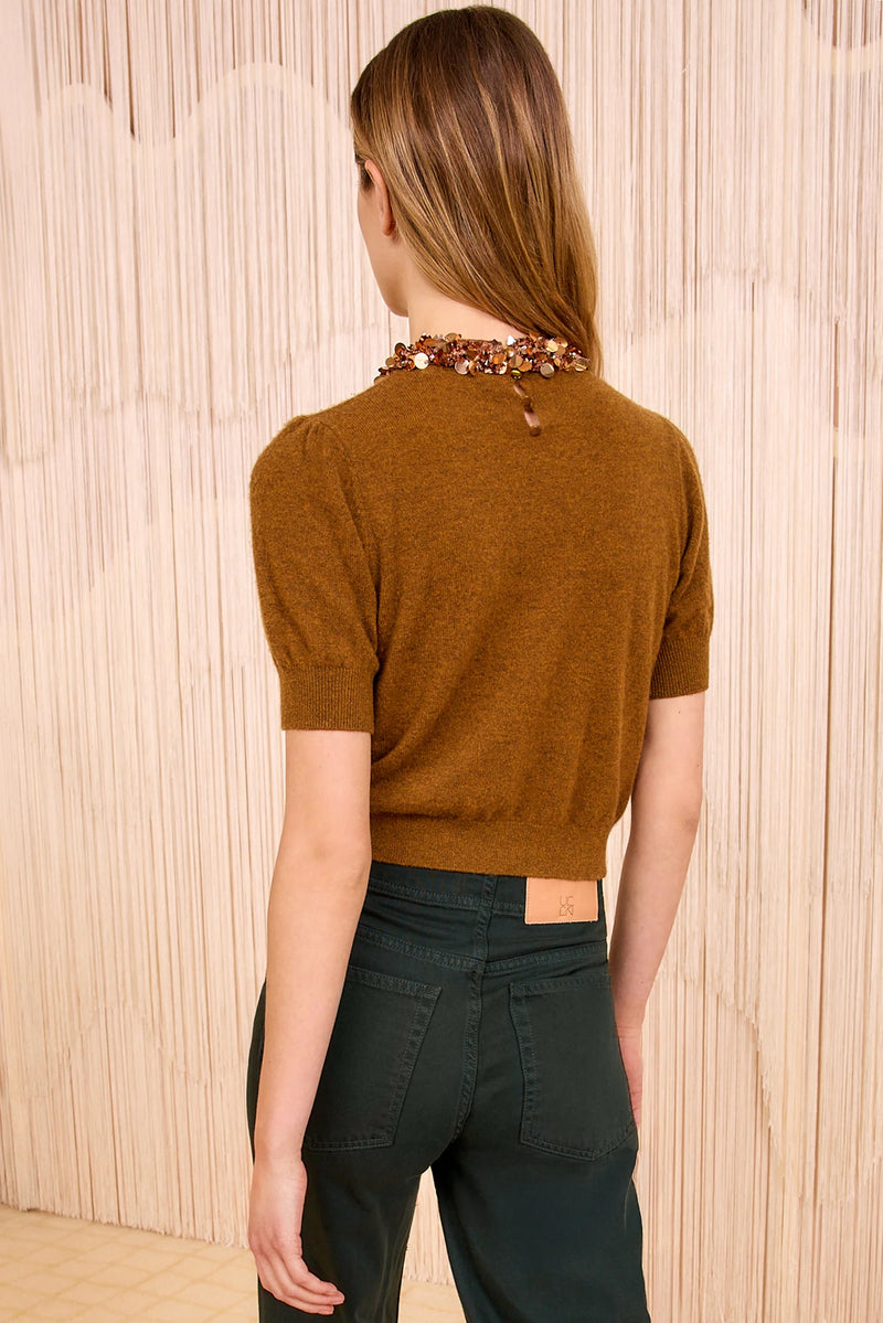 Liv Embroidered Cashmere Short Sleeve Knit in Umber