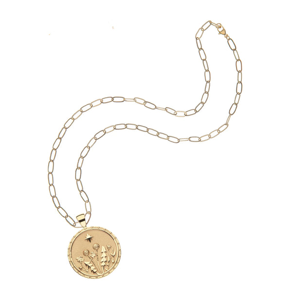 WANDERLUST Wildflowers JW Original Pendant Coin with 18" Drawn Link Chain