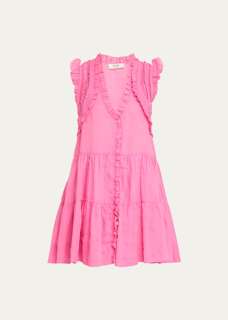 Cole Smocked Flutter-Sleeve Dress in Pink