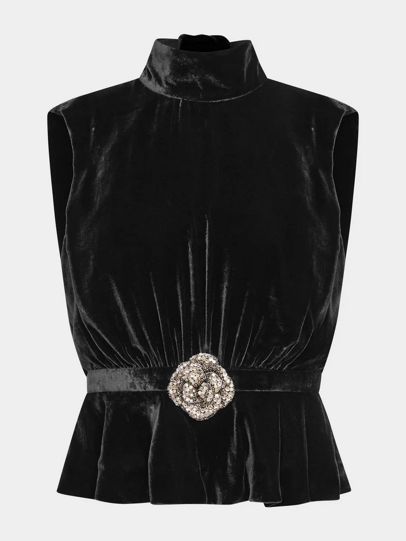 Fleur Velvet Top in Black/Crystal Rose