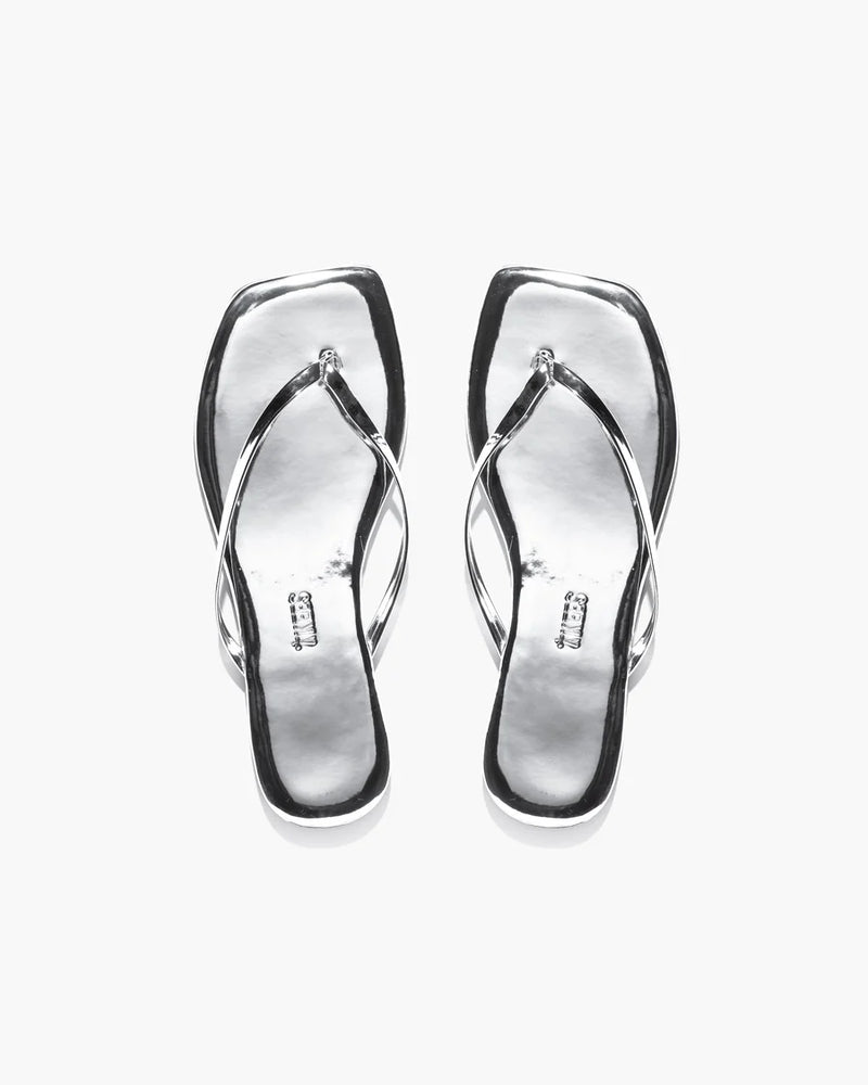 Square Toe Leather Flip Flops in Chrome