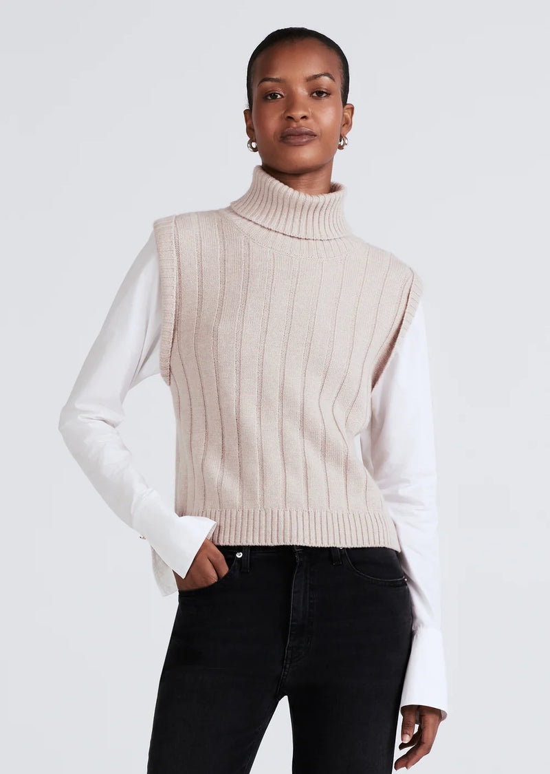 Paola Mixed Media Turtleneck Sweater in Taupe-White